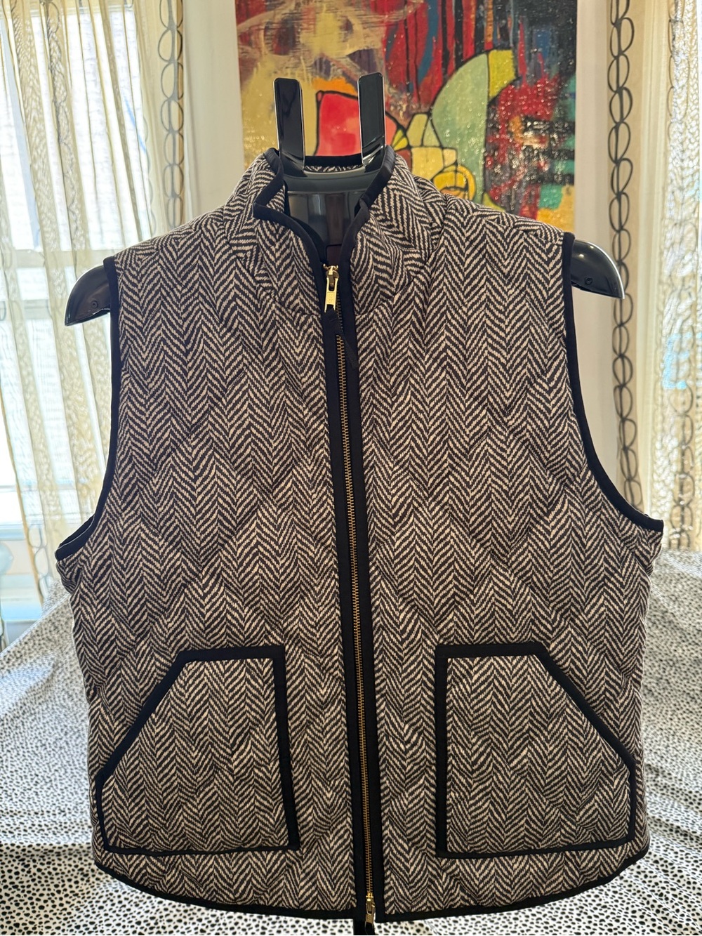 J. Crew Black & White Herringbone Quilted Vest